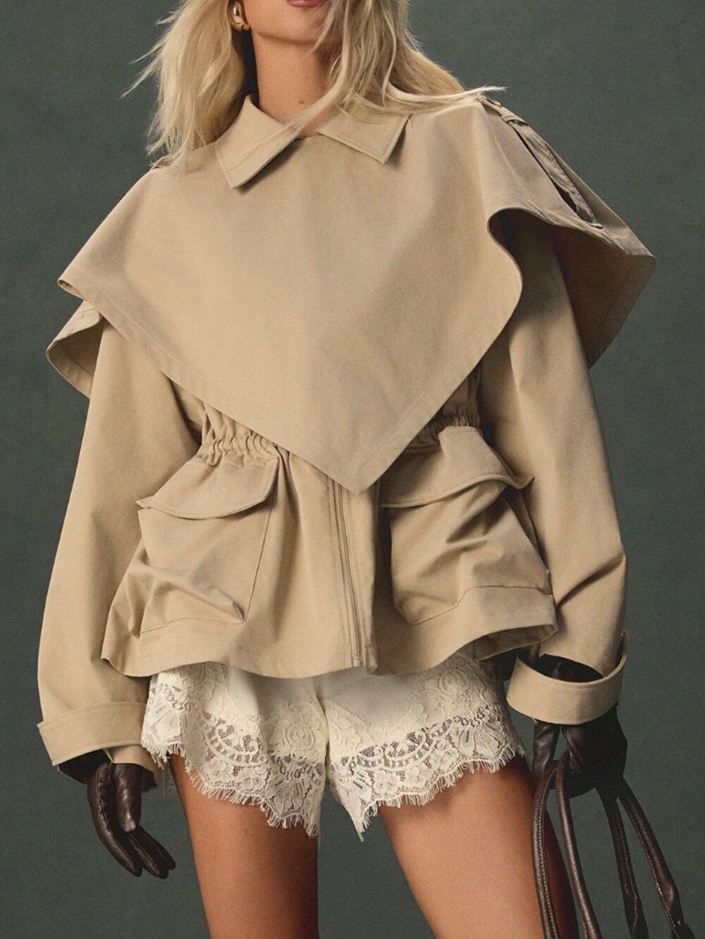 Khaki Casual Women's Oversized Batwing Sleeve Button Collar Trench Jacket